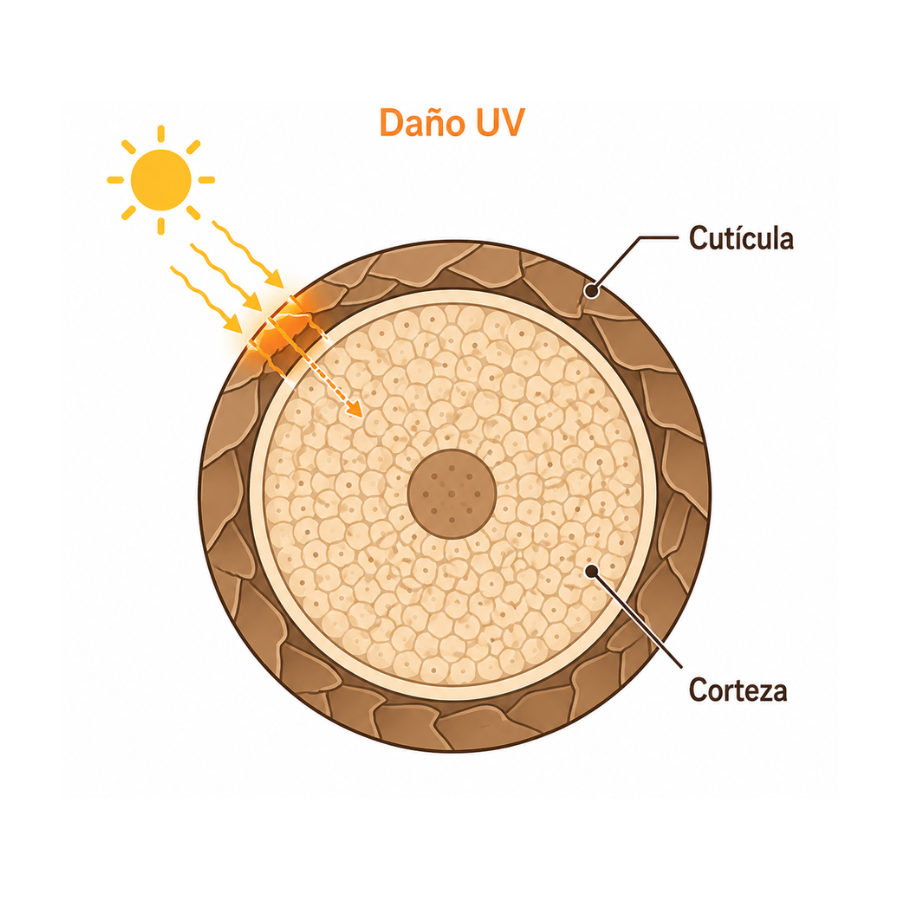 daño que provoca el sol en la cutícula del cabello